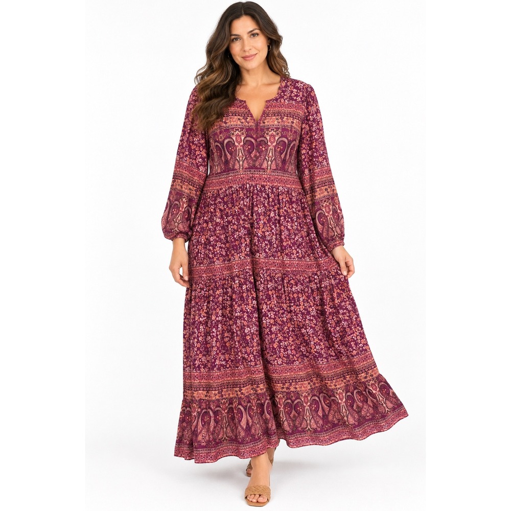 Aveology Maxi Harmony Dress Pomegranate Border Paisley Floral Purple Pink 14/16